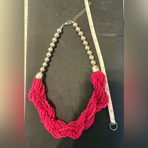 Vibrant Pink Braided Seed Bead Statement Necklace with Silver Accents